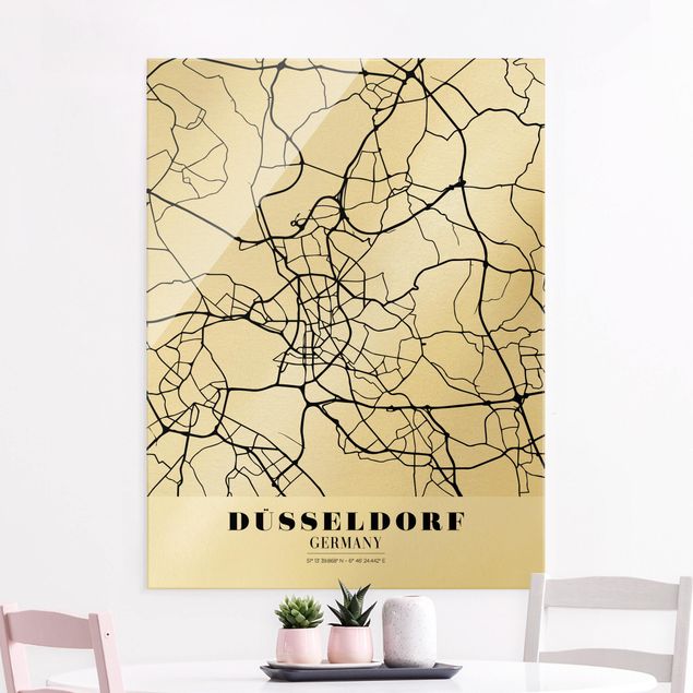 Quadri in vetro in bianco e nero Mappa di Dusseldorf - Classica
