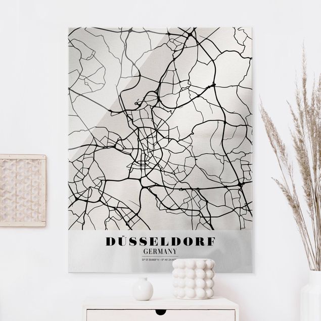 Quadri in vetro in bianco e nero Mappa di Dusseldorf - Classica