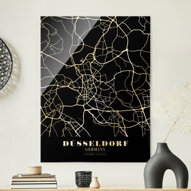 Quadri in vetro in bianco e nero Mappa della città di Dusseldorf - Nero classico