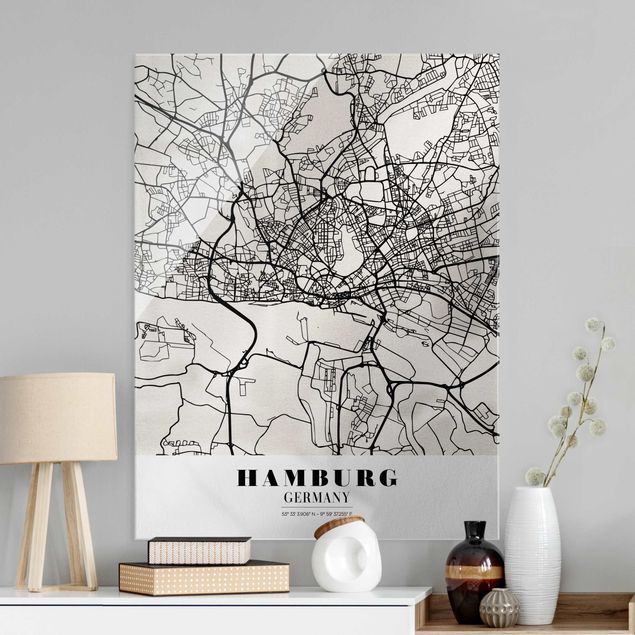Quadri in vetro in bianco e nero Mappa di Amburgo - Classica