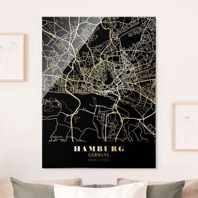 Quadri in vetro Amburgo Mappa di Amburgo - Nero classico