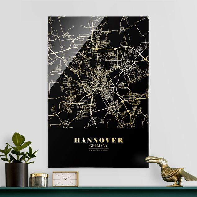 Quadri in vetro in bianco e nero Mappa di Hannover - Nero classico