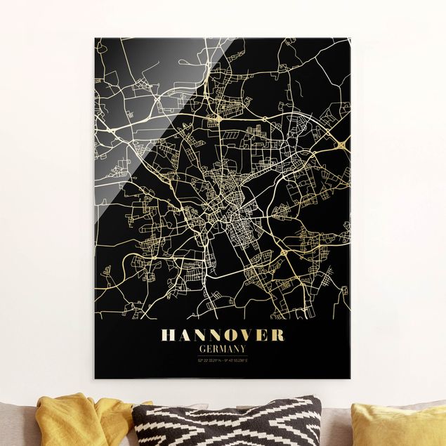 Quadri in vetro in bianco e nero Mappa di Hannover - Nero classico