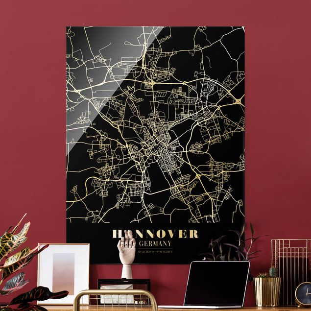 Quadri in vetro con mappamondo Mappa di Hannover - Nero classico