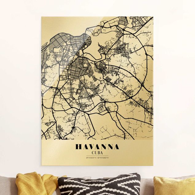 Quadri in vetro in bianco e nero Mappa dell'Avana - Classica
