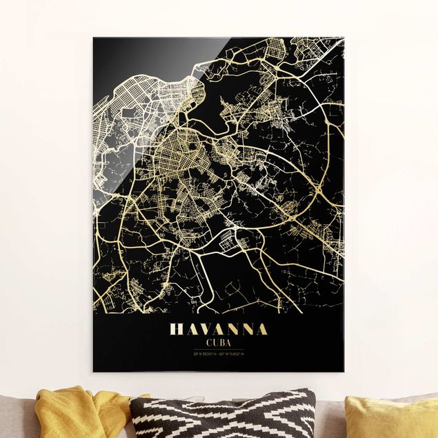 Quadri in vetro in bianco e nero Mappa della città di L'Avana - Nero classico