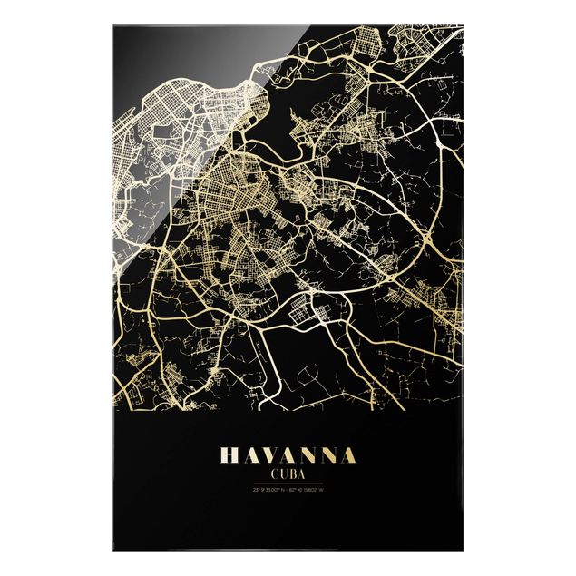 Glas Magnettafel Mappa della città di L'Avana - Nero classico