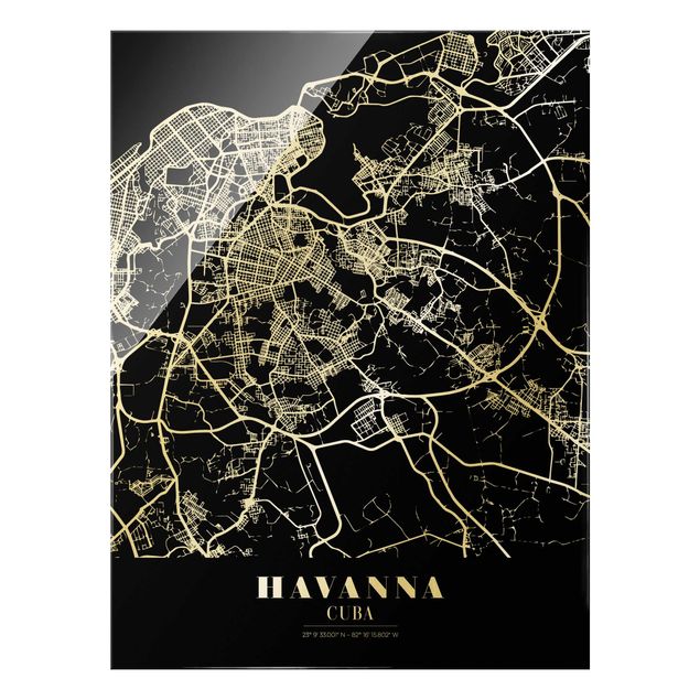Glas Magnettafel Mappa della città di L'Avana - Nero classico