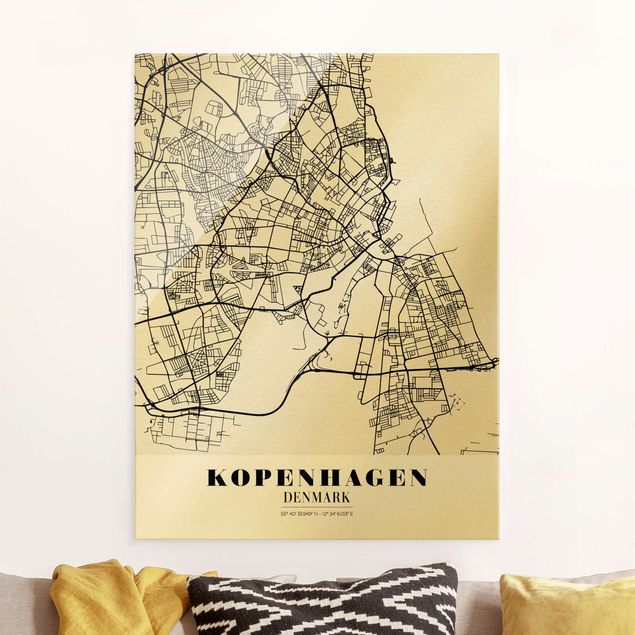 Quadri in vetro in bianco e nero Mappa di Copenaghen - Classica