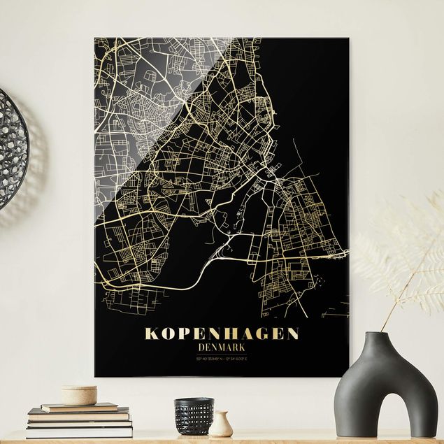 Quadri in vetro in bianco e nero Mappa della città di Copenaghen - Nero classico