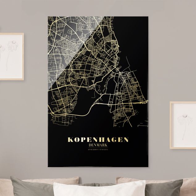 Quadri in vetro con mappamondo Mappa della città di Copenaghen - Nero classico