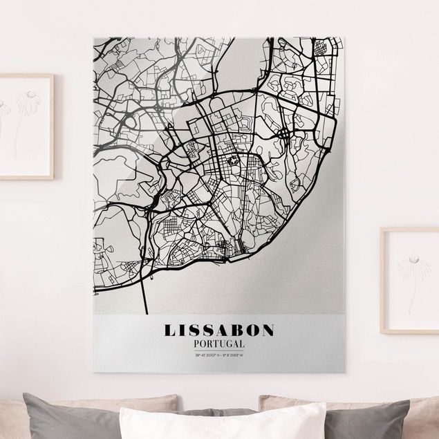 Quadri in vetro in bianco e nero Mappa di Lisbona - Classica