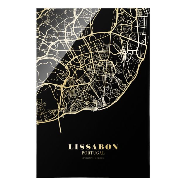 Glas Magnettafel Mappa di Lisbona - Nero classico