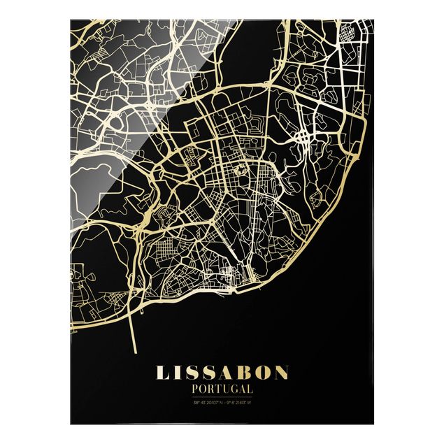 Glas Magnettafel Mappa di Lisbona - Nero classico