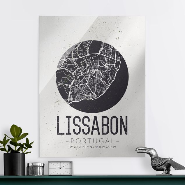 Quadri in vetro in bianco e nero Mappa di Lisbona - Retrò