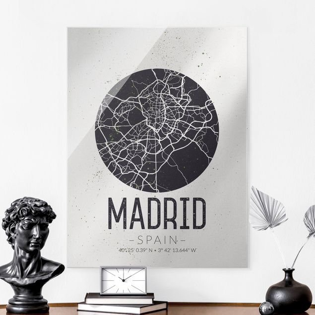 Quadri in vetro in bianco e nero Mappa di Madrid - Retrò