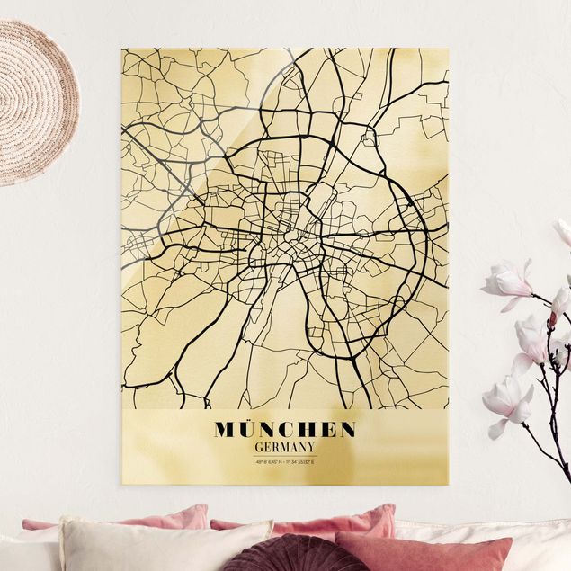 Quadri in vetro in bianco e nero Mappa di Monaco di Baviera - Classica