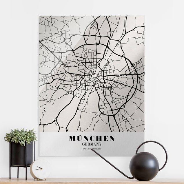 Quadri in vetro in bianco e nero Mappa di Monaco di Baviera - Classica