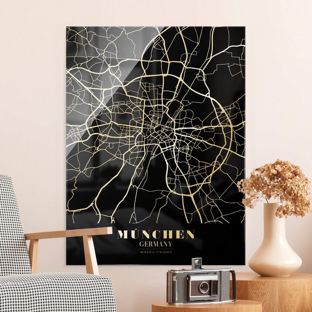 Quadri in vetro in bianco e nero Mappa di Monaco di Baviera - Nero classico