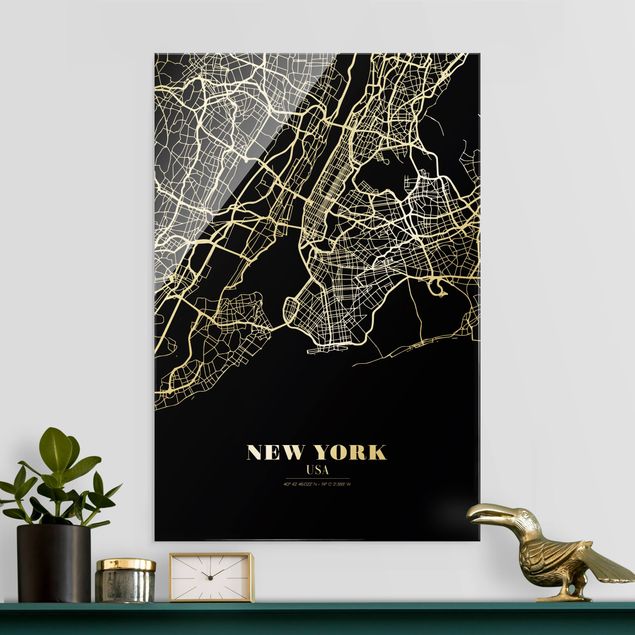 Quadri in vetro New York Mappa di New York - Nero classico