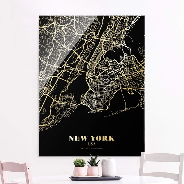 Quadri in vetro New York Mappa di New York - Nero classico