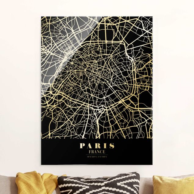 Quadri in vetro Parigi Mappa di Parigi - Nero classico