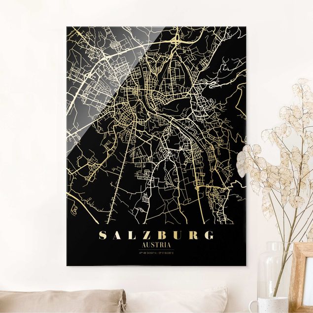Quadri in vetro in bianco e nero Mappa di Salisburgo - Nero classico