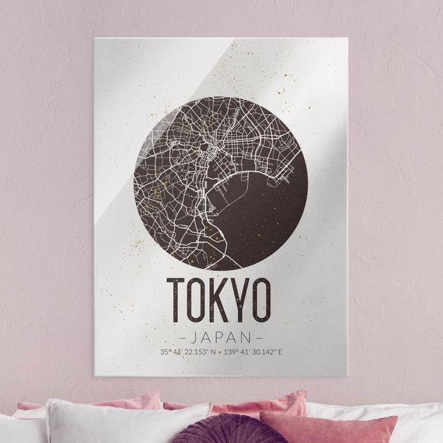 Quadri in vetro in bianco e nero Mappa di Tokyo - Retrò
