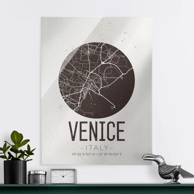 Quadri in vetro in bianco e nero Mappa di Venezia - Retrò