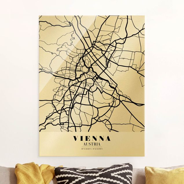 Quadri in vetro in bianco e nero Mappa di Vienna - Classica