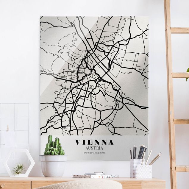 Quadri in vetro in bianco e nero Mappa di Vienna - Classica