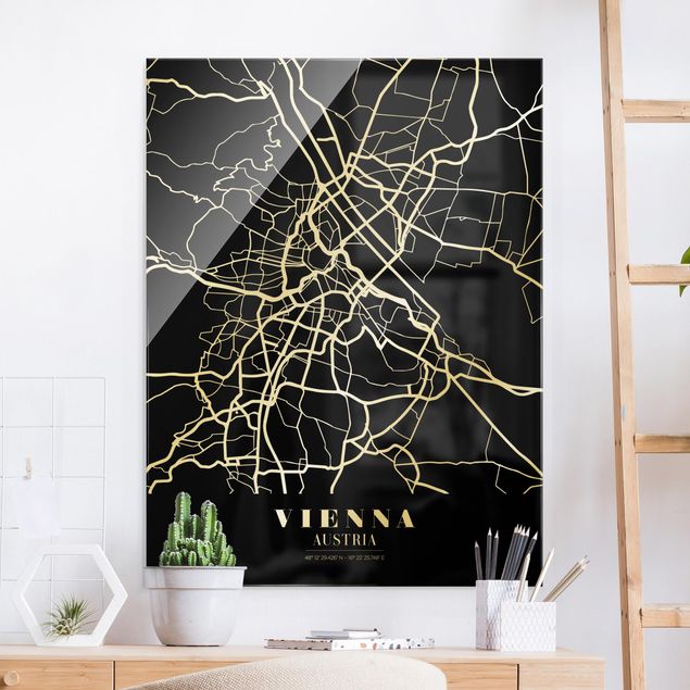 Quadri in vetro in bianco e nero Mappa di Vienna - Nero classico