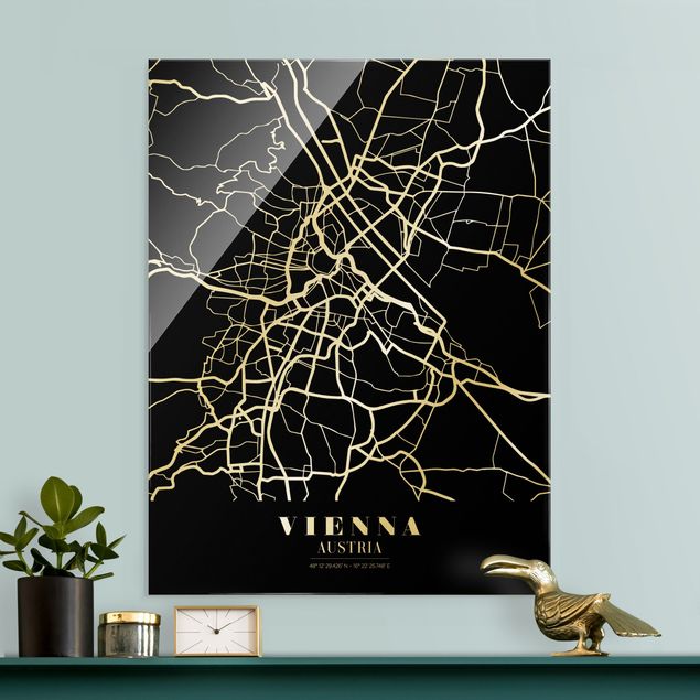 Quadri in vetro con mappamondo Mappa di Vienna - Nero classico