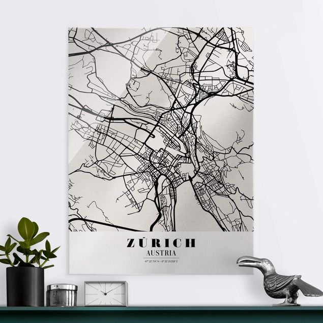 Quadri in vetro in bianco e nero Mappa di Zurigo - Classica