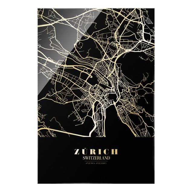 Glas Magnettafel Mappa della città di Zurigo - Nero classico