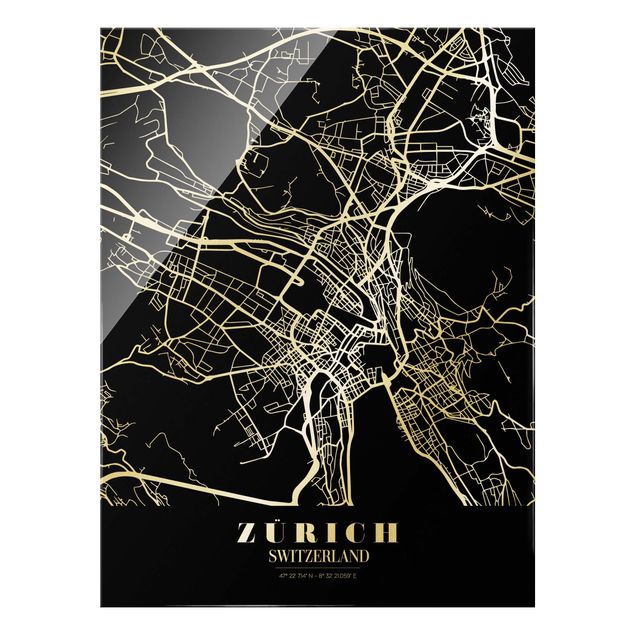 Glas Magnettafel Mappa della città di Zurigo - Nero classico