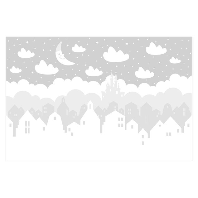 Carte da parati architettura Cielo stellato con case e luna in grigio