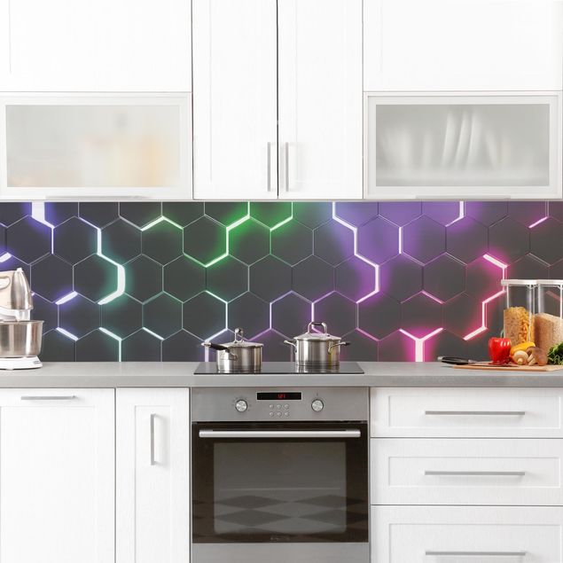 Rivestimento cucina - Esagoni strutturati con luce al neon