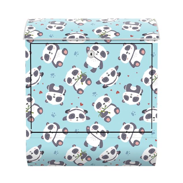 Cassette della posta blu Tenero panda con impronte di zampe e cuori blu pastello