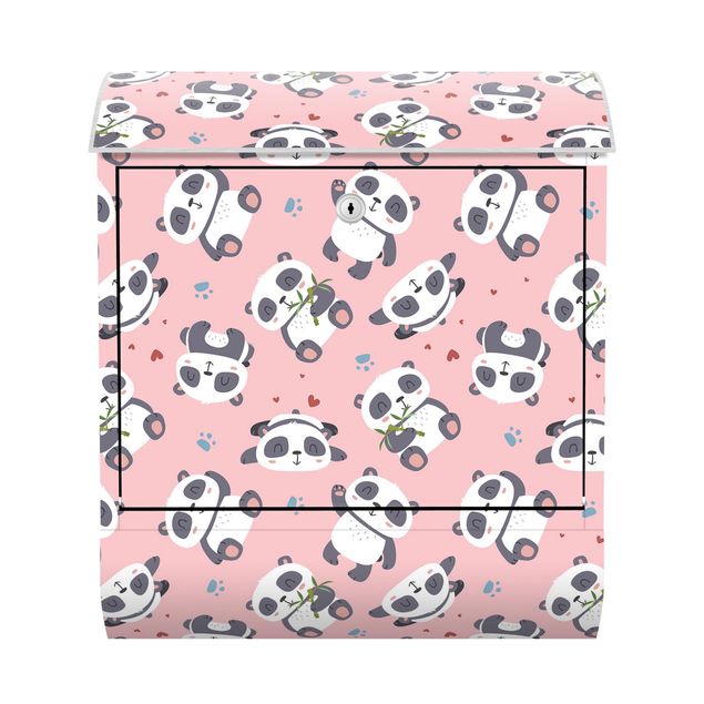 Cassette della posta rosa Tenero panda con impronte di zampe e cuori rosa pastello