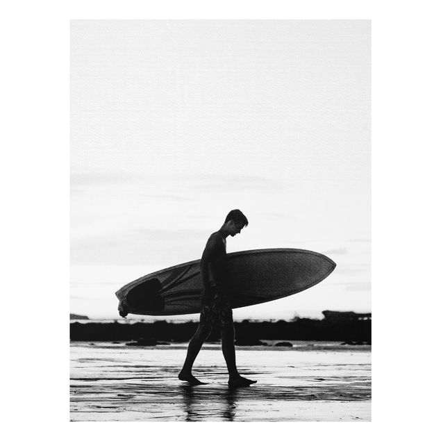Quadri in vetro in bianco e nero Ragazzo surfista in ombra di profilo