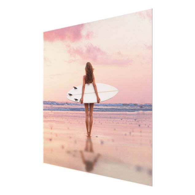 Quadro moderno Ragazza surfista con tavola al tramonto