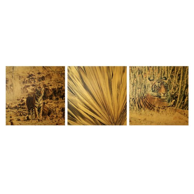 Quadri su tela con tigri Foglie di palma tigrate e dorate