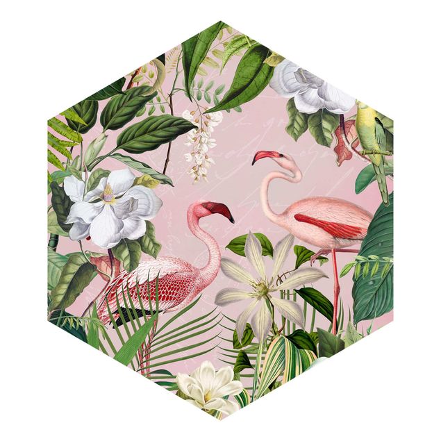 Carte da parati vintage Fenicotteri tropicali con piante in rosa
