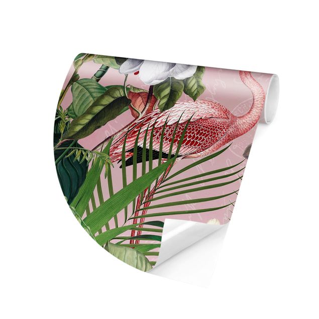 Carta da parati tessuto non tessuto Fenicotteri tropicali con piante in rosa