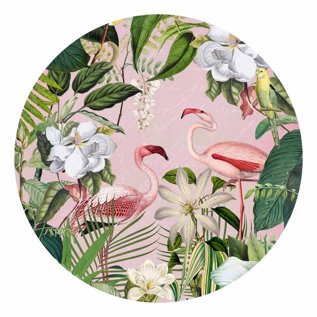 Carta da parati uccelli Fenicotteri tropicali con piante in rosa