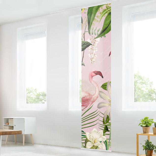 Tende a pannello scorrevoli con fiori Fenicotteri tropicali con piante in rosa