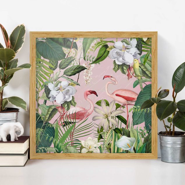 Quadri con cornice con fiori Fenicotteri tropicali con piante in rosa