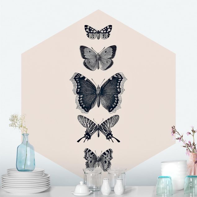 Carta parati farfalle Farfalle d'inchiostro su sfondo beige