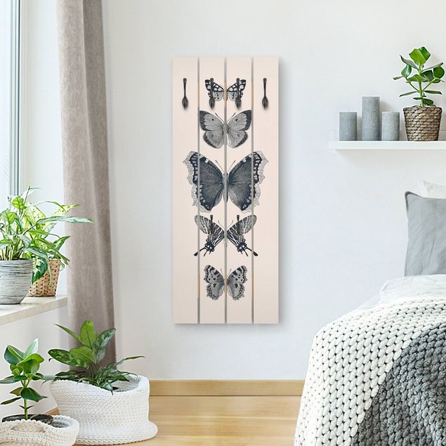Appendiabiti pannello effetto legno Farfalle d'inchiostro su sfondo beige